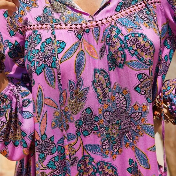 Boho gypsy floral print long sleeve smock dress - Picture 2 of 5